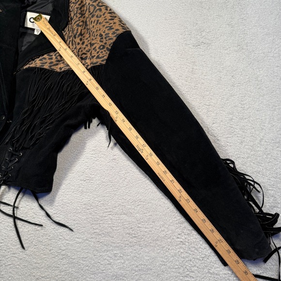 Vintage 80s CHIA Womens Black Suede Leopard Print Fringe Lace Up Jacket M - Picture 9 of 9